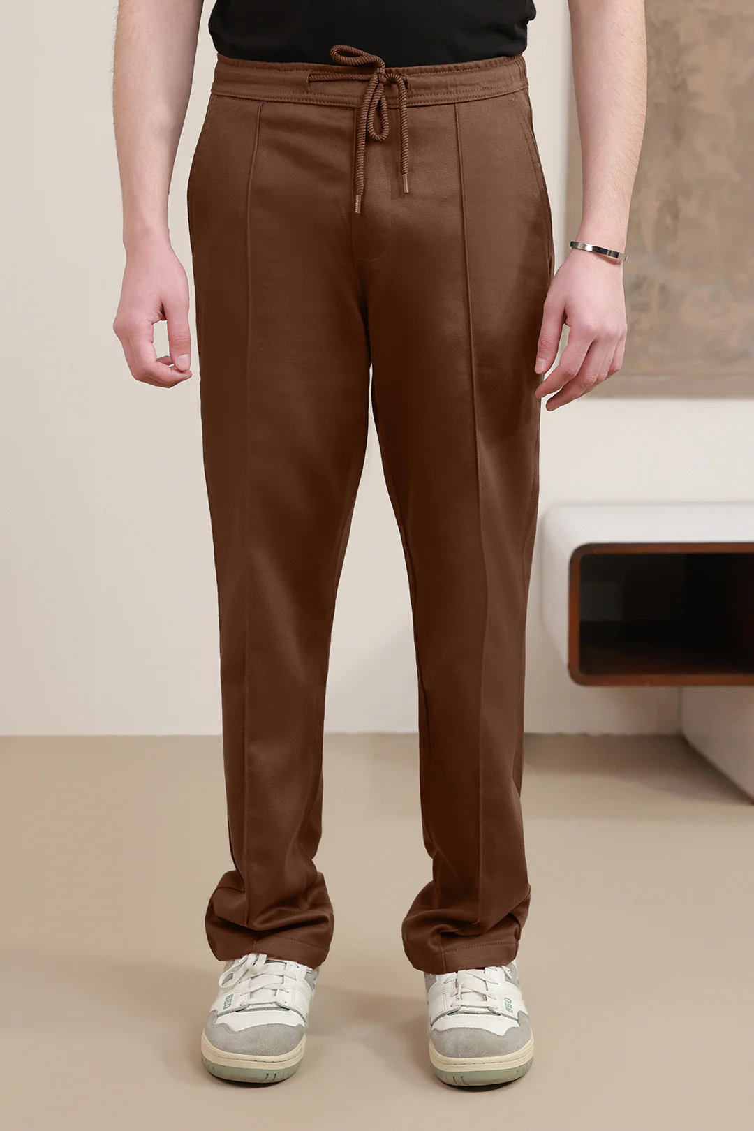 Men's Brown Casual Trousers with Drawstring Waist